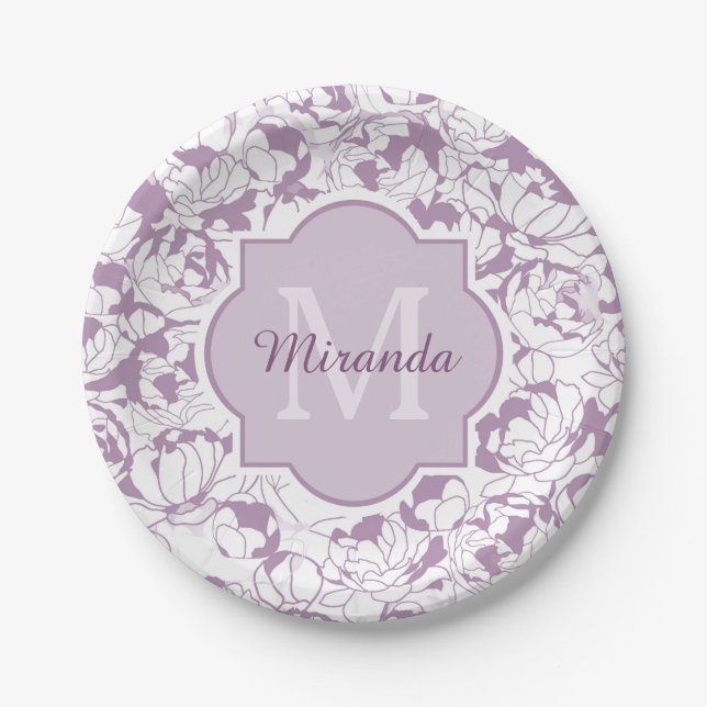 Assiettes En Carton Monogramme Floral Moderne Avec Nom (Devant)