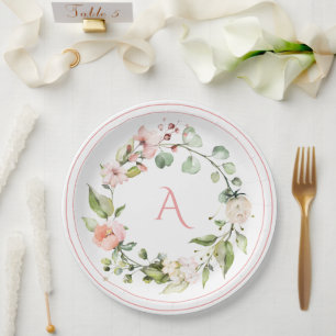 Assiettes En Carton Monogramme floral rose pâle Mariage élégant