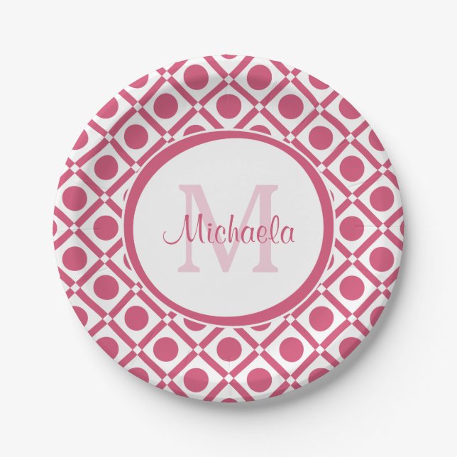 Assiettes En Carton Monogramme géométrique moderne rose et blanc avec  (Devant)