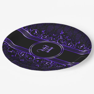 Assiettes En Carton Monogramme gothique orné noir et pourpre