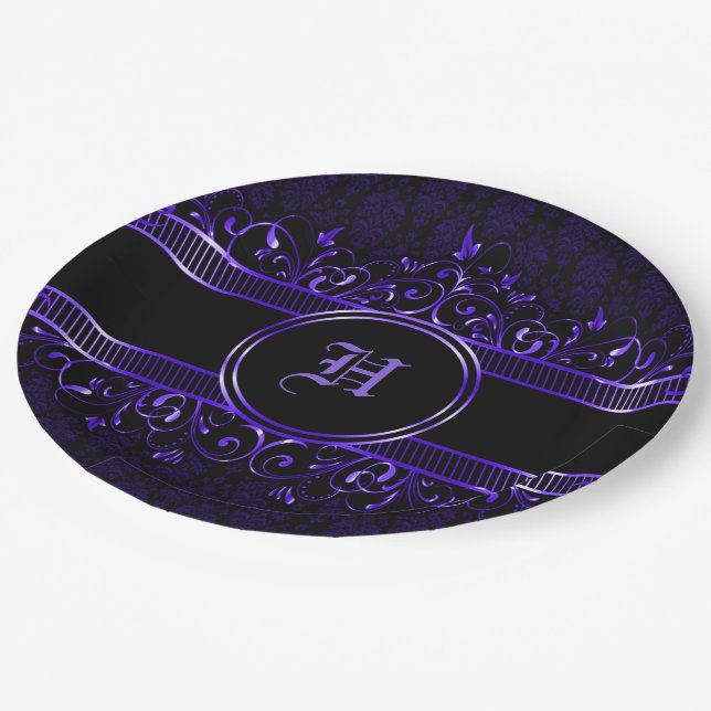 Assiettes En Carton Monogramme gothique orné noir et pourpre (Angle)