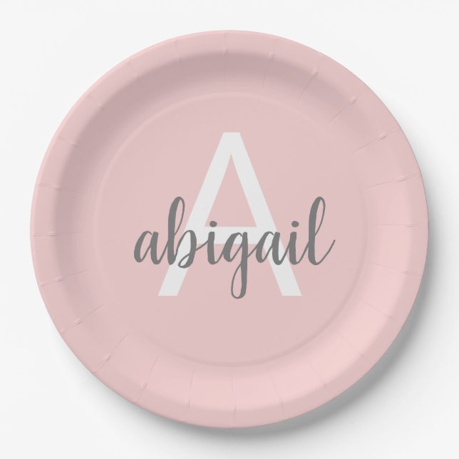 Assiettes En Carton Monogramme gris mou rose pâle (Devant)