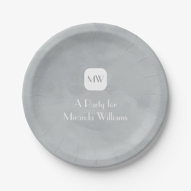 Assiettes En Carton Monogramme gris simple et chic avec nom (Devant)