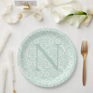 Assiettes En Carton Monogramme initial Sage vert Damas