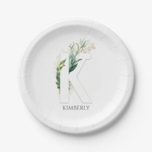Assiettes En Carton Monogramme K Or Feuillage Élégant Nom