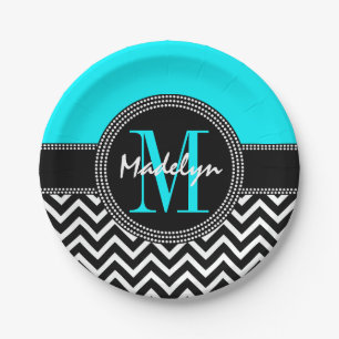 Assiettes En Carton Monogramme lumineux chic d'anniversaire d'Aqua de