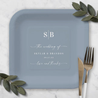 Assiettes En Carton Monogramme Mariage bleu foncé couleur simple