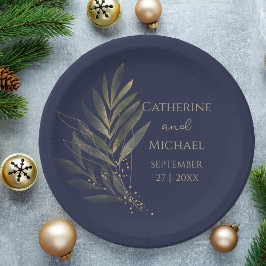 Assiettes En Carton Monogramme Mariage bleu or de la marine moderne