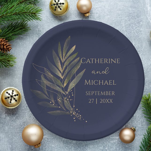 Assiettes En Carton Monogramme Mariage bleu or de la marine moderne (Créateur téléchargé)