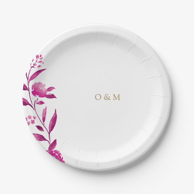 Assiettes En Carton Monogramme Mariage chinois floral rose (Devant)