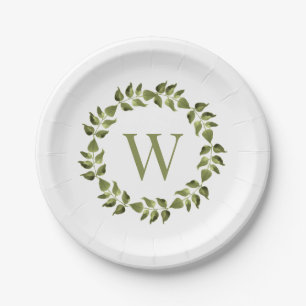 Assiettes En Carton Monogramme Mariage initial Botanique verte Wreath