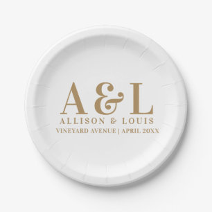 Assiettes En Carton Monogramme mariage minimaliste or blanc
