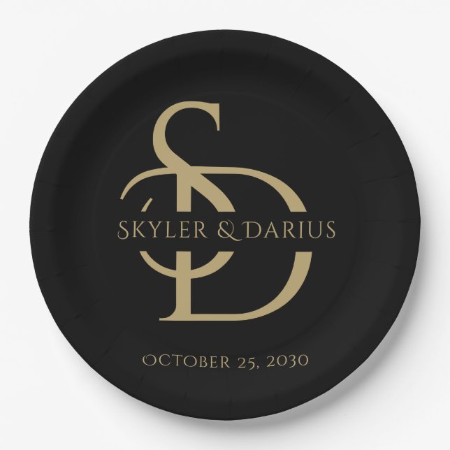 Assiettes En Carton Monogramme Mariage Simple Personnalisé Avec Nom (Devant)