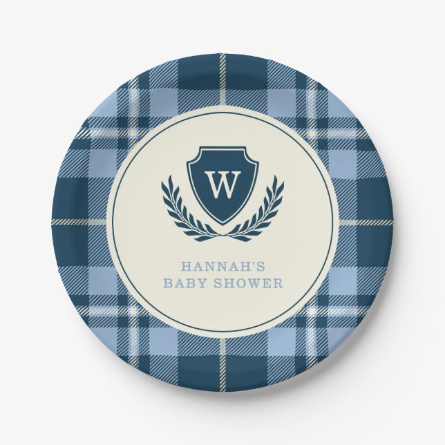 Assiettes En Carton Monogramme Marine Bleu Plaid Baby Boy Douche (Devant)