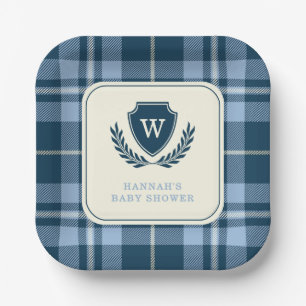 Assiettes En Carton Monogramme Marine Bleu Plaid Baby Boy Douche