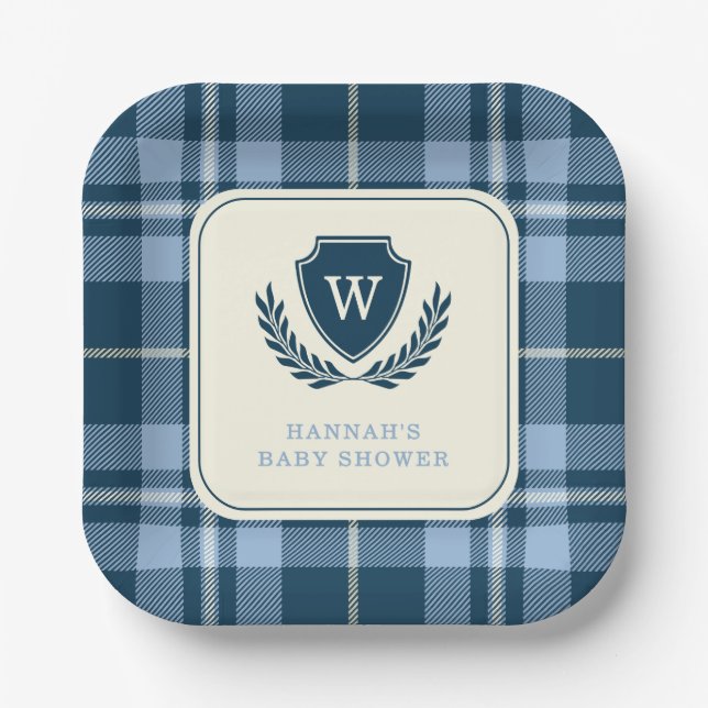 Assiettes En Carton Monogramme Marine Bleu Plaid Baby Boy Douche (Recto)