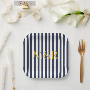 Assiettes En Carton Monogramme Marine Bleu rayures Anniversaire rayé