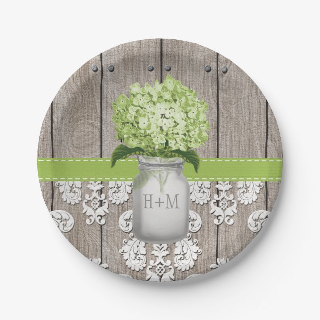 Assiettes En Carton Monogramme Mason Jar Green Hydrangea Mariage (Devant)