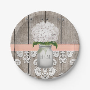 Assiettes En Carton Monogramme Mason Jar Peach Hydrangea Mariage