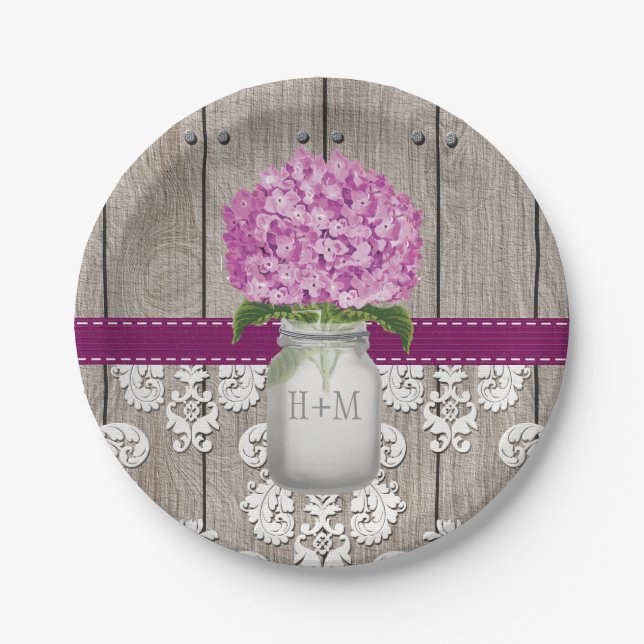 Assiettes En Carton Monogramme Mason Jar Plum Hydrangea Mariage (Devant)