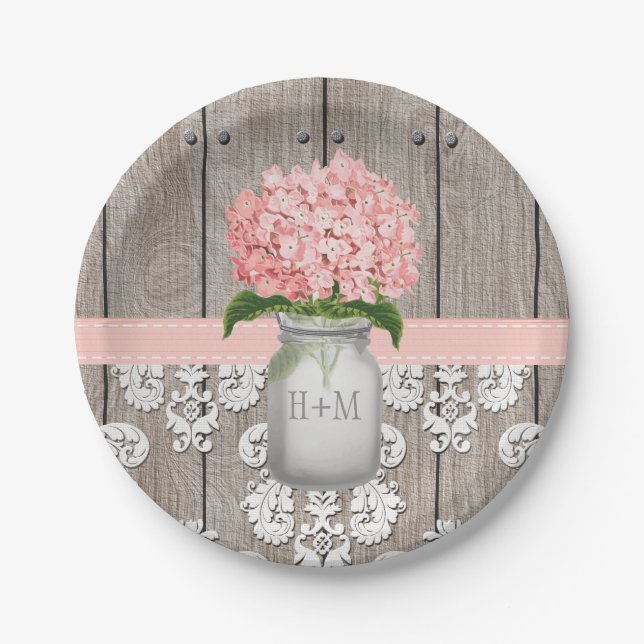 Assiettes En Carton Monogramme Mason Jar rose Hydrangea Mariage (Devant)