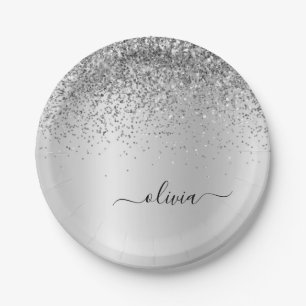 Assiettes En Carton Monogramme métallisé pailleté argent Nom