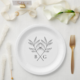 Assiettes En Carton Monogramme minimaliste botanique rustique Mariage