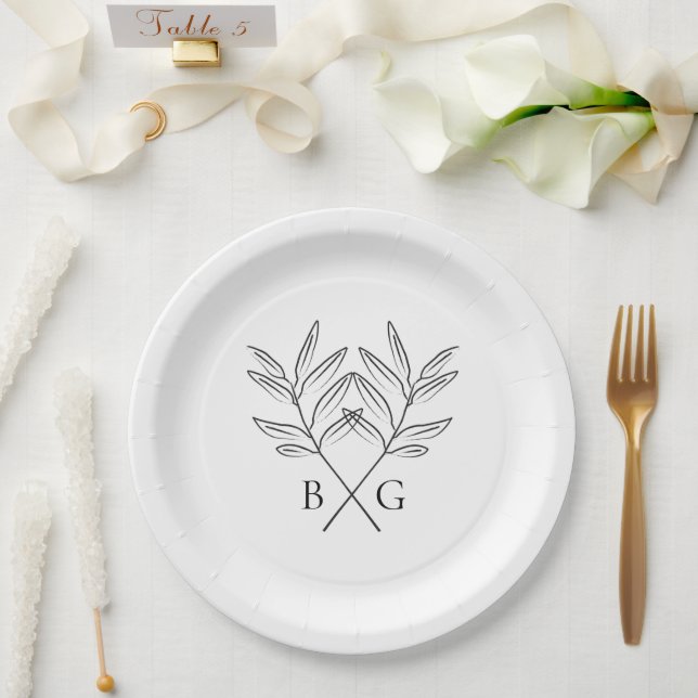 Assiettes En Carton Monogramme minimaliste botanique rustique Mariage (Mariage)