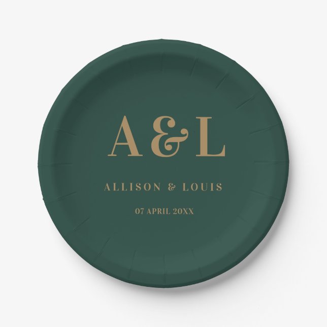 Assiettes En Carton Monogramme minimaliste mariage Emerald Green Gold (Devant)