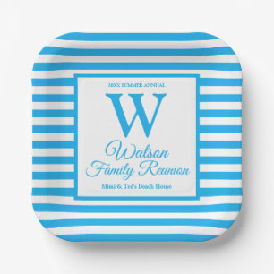Assiettes En Carton Monogramme moderne Bleu clair Bleu rayures Famille