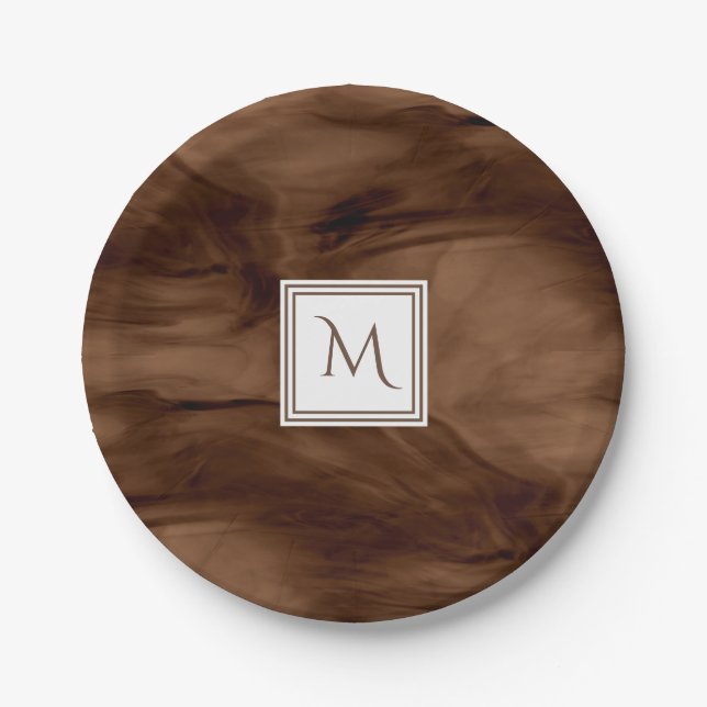 Assiettes En Carton Monogramme moderne de marbre subtil simple de brun (Devant)