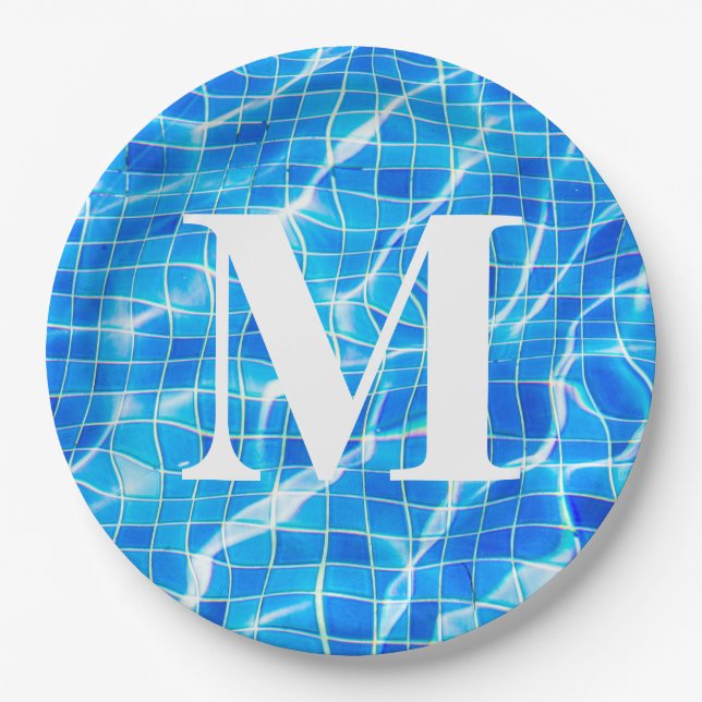 Assiettes En Carton Monogramme Monogramme Piscine Bleue Aquatique (Devant)