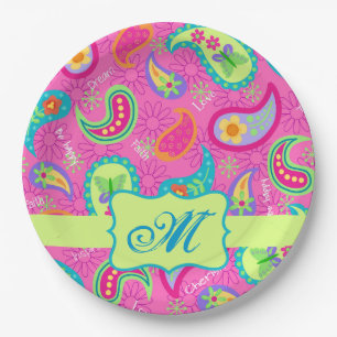Assiettes En Carton Monogramme Motif rose chaud moderne Paisley