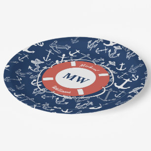 Assiettes En Carton Monogramme nautique Ancre bleu marine Motif