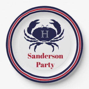 Assiettes En Carton monogramme nautique crabe blanc marine