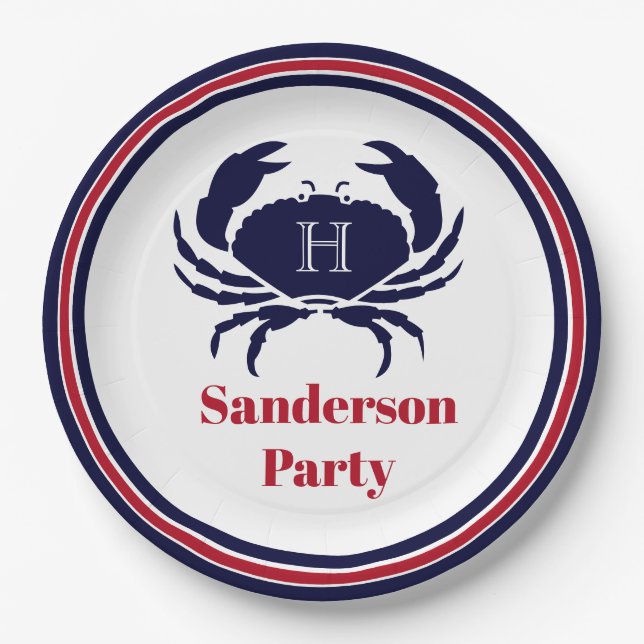 Assiettes En Carton monogramme nautique crabe blanc marine (Devant)