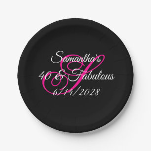 Assiettes En Carton Monogramme Noir Blanc et Rose Chaud 40 & Fabuleux