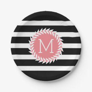 Assiettes En Carton Monogramme noir et blanc rayé & Couronne blanche