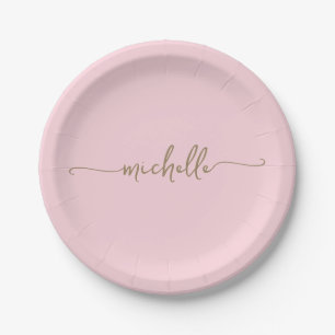 Assiettes En Carton Monogramme Or Élégant Minimal Rose