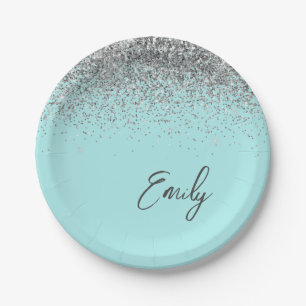 Assiettes En Carton Monogramme Pailleté Argent Bleu Aqua Sarcelle
