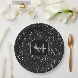 Assiettes En Carton Monogramme pailleté brillant noir et blanc