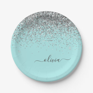 Assiettes En Carton Monogramme Pailleté Girly Bleu Sarcelle Aqua Argen
