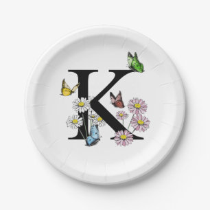 Assiettes En Carton Monogramme papillon aquarelle florale lettre K