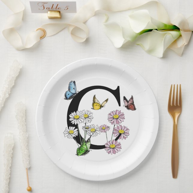 Assiettes En Carton Monogramme papillon floral lettre C     (Mariage)