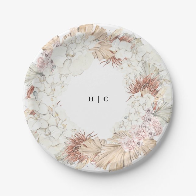 Assiettes En Carton Monogramme Party Pampas Mariage de la laiton (Devant)
