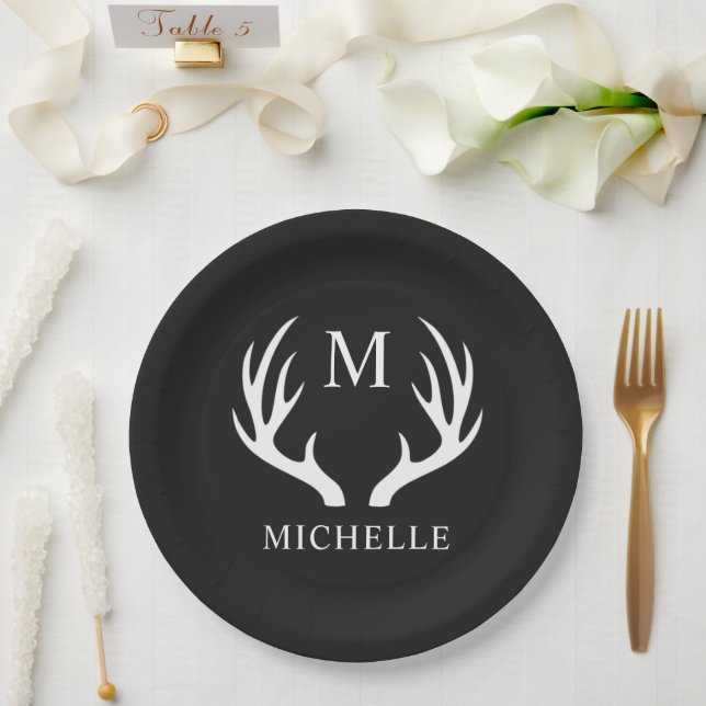 Assiettes En Carton Monogramme personnalisé avec Antler Cerf Blanc Noi (Mariage)
