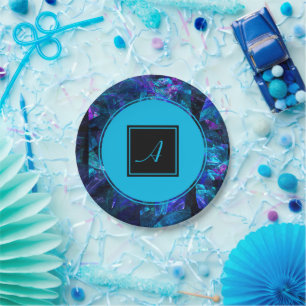 Assiettes En Carton Monogramme personnalisé Bleu noir Abstrait anniver