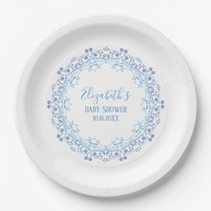 Assiettes En Carton Monogramme personnalisé bleu Simple Floral Élégant