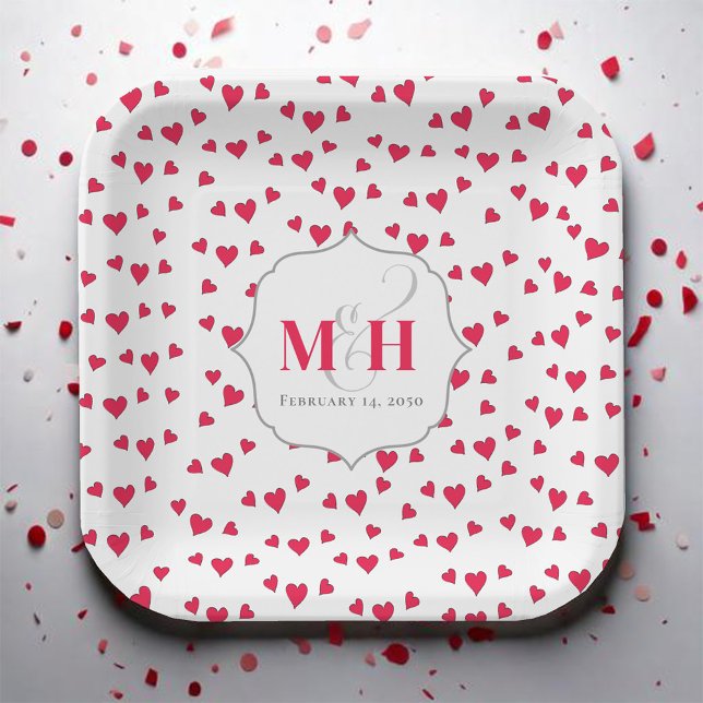 Assiettes En Carton Monogramme personnalisé Cœur Rouge Mignon (Pink heart pattern custom monogram paper plate)