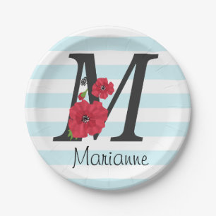 Assiettes En Carton monogramme personnalisé modifiable M texte fleur r